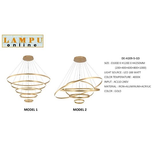 lampu gantung minimalis led linear 5 ring DE-H209-5-GD