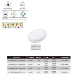 lampu plafon panel led bulat EM-MB92006 6watt outbow